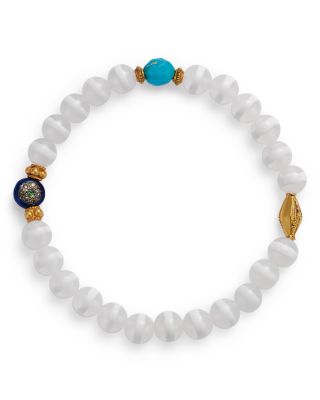 18K Yellow Gold & Sterling Silver Globe Trotter Multi Gemstone & Gray Diamond White Agate Beaded Bracelet