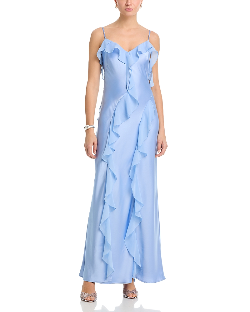 Aqua Long Satin Ruffled Gown - Exclusive