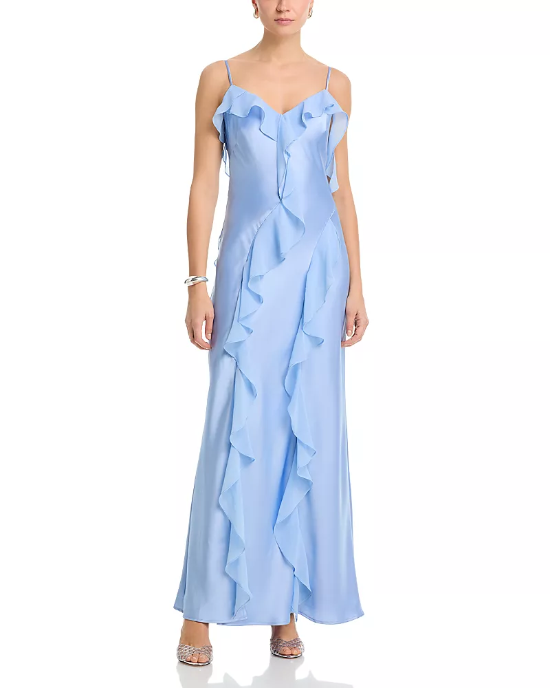 Aqua Long Satin Ruffled Gown - Exclusive