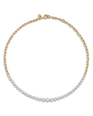 18K Yellow Gold & X Half Diamond Half Chain Necklace,