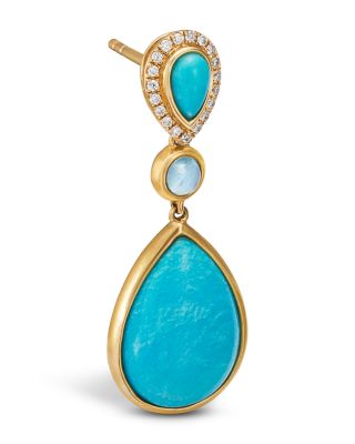 Turquoise, Swiss Blue Topaz, & Diamond Pear Halo Drop Earrings in 14K Yellow Gold