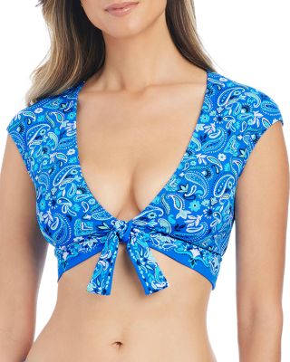 Tie Front Cap Sleeve Swim Top