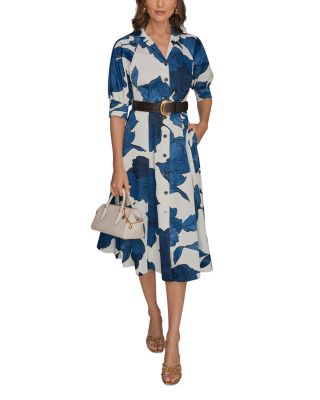 Printed Elbow Sleeve Belted Shirt Dress