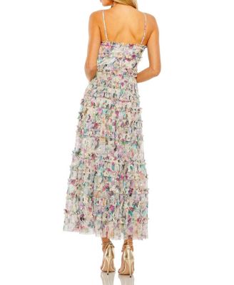 Sleeveless Floral V-Neck Sequin Detail Ruffle Dress