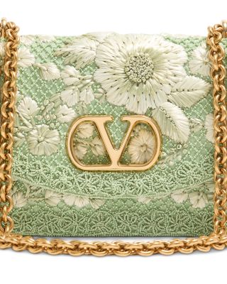 VLogo Raffia Flower & Beaded Green Shoulder Bag
