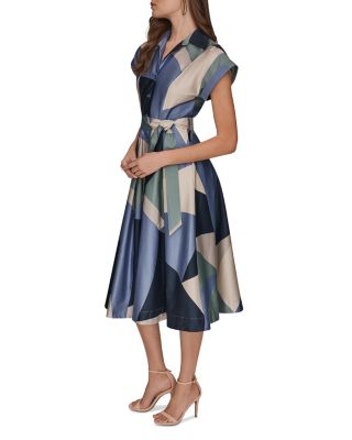 Spread Collar Printed Pleated Midi Shirt Dress