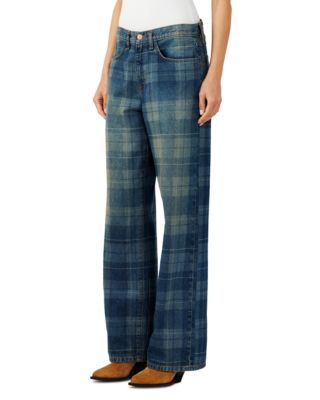Sparrow Mid Rise Baggy Jeans in Tartan Medium Indigo