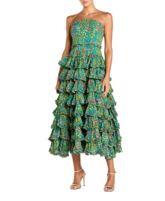  Floral Cotton Strapless Tiered Ruffle Midi Dress