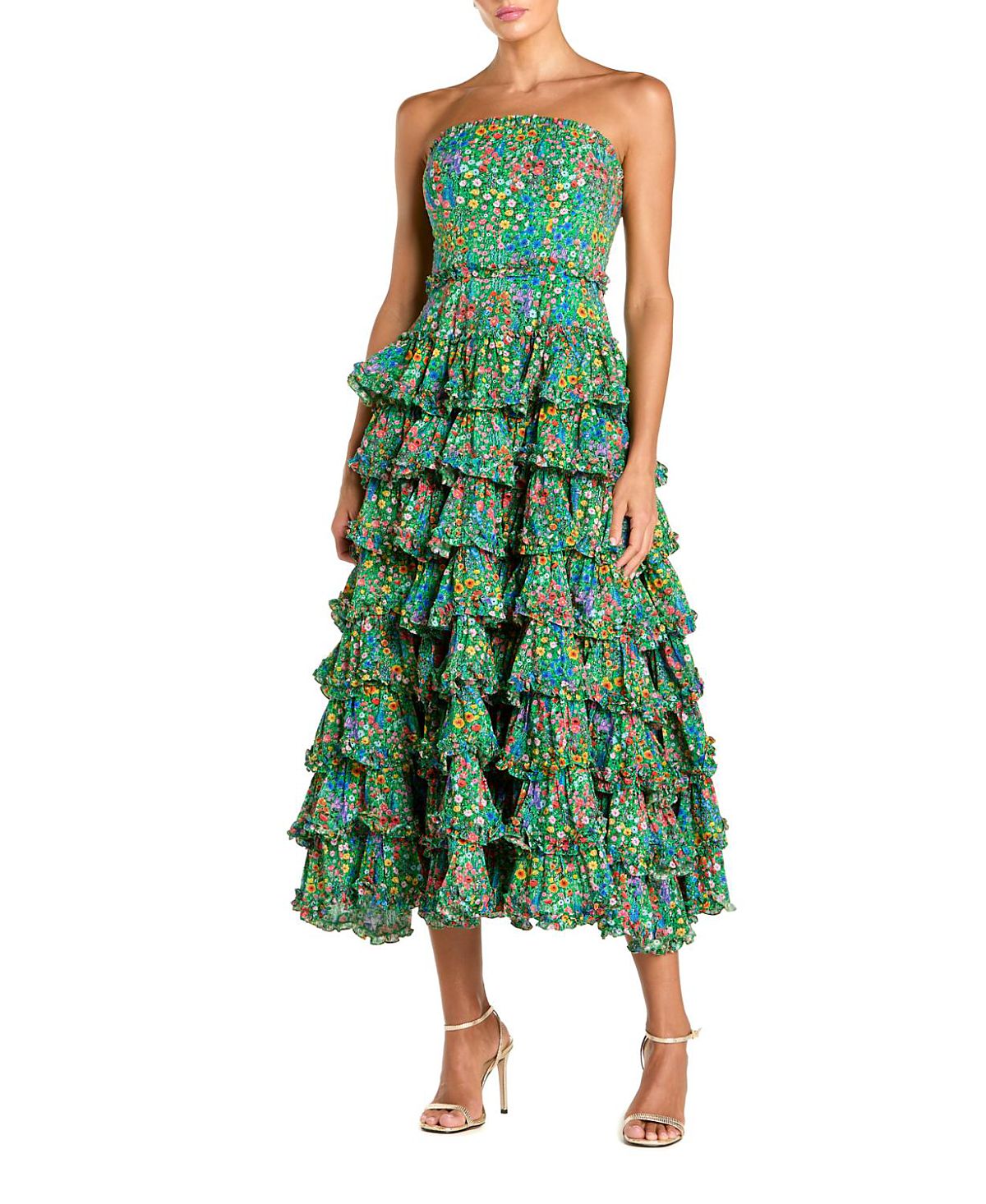 Mac Duggal Floral Cotton Strapless Tiered Ruffle Midi Dress