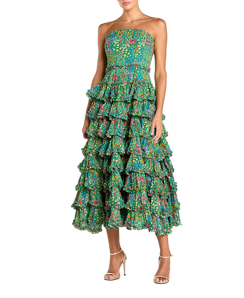 Mac Duggal Floral Cotton Strapless Tiered Ruffle Midi Dress