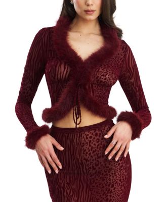  Hali Animal Print Burnout Velvet Faux Fur Trim Top