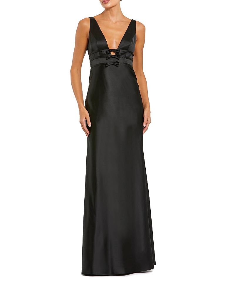 Mac Duggal Sleeveless V Neck Satin Gown with Bow Details