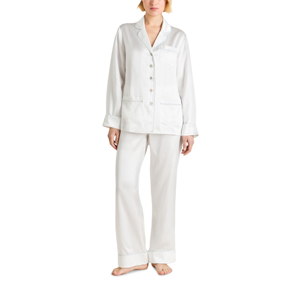 Olivia von Halle Silk Woven Long Pajama Set in Ivory Powder Blue