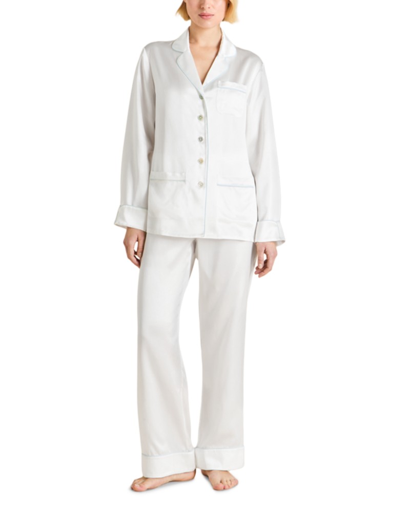 Olivia von Halle Silk Woven Long Pajama Set in Ivory Powder Blue