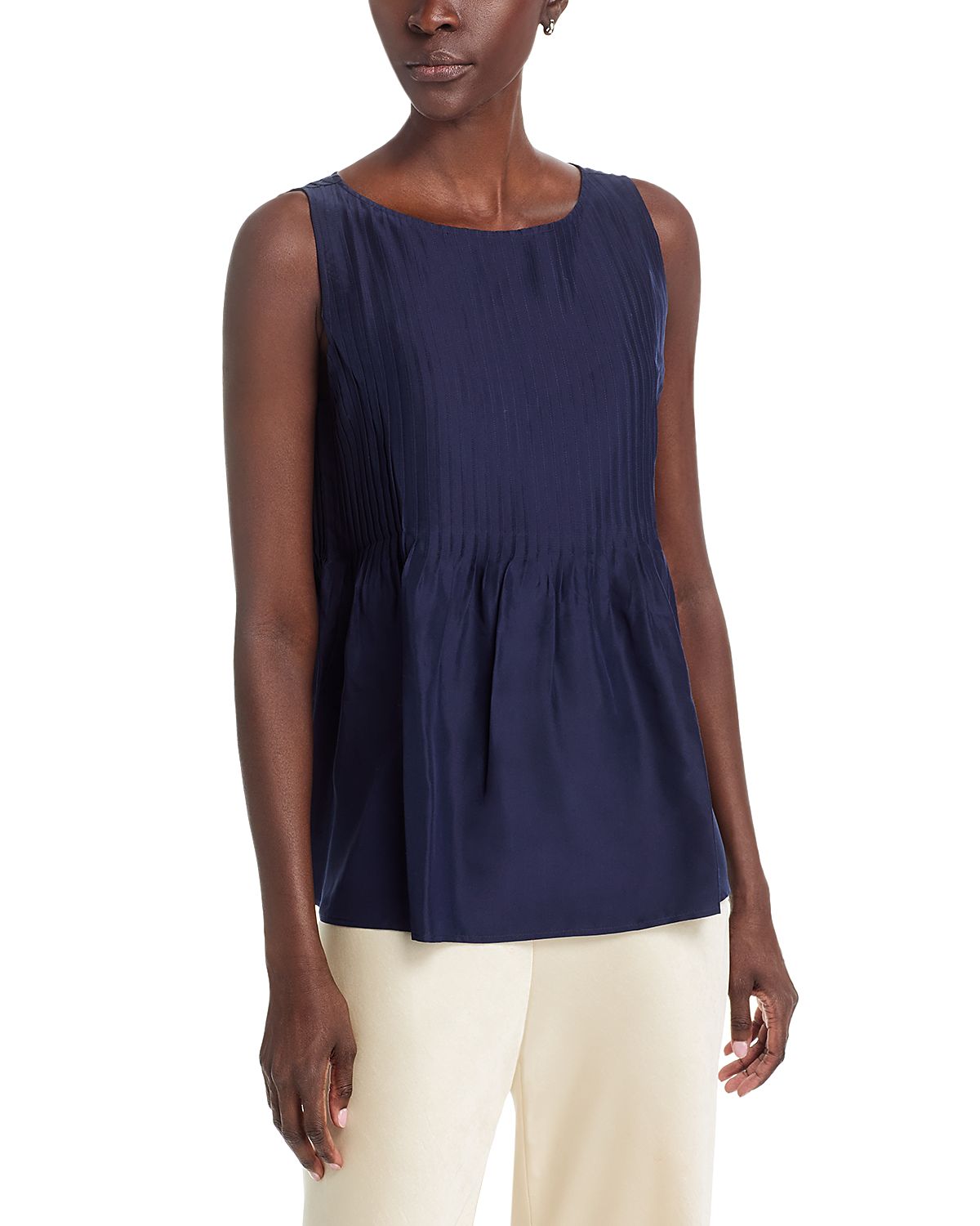 Eileen Fisher Silk Bateau Neck Pleated Shell