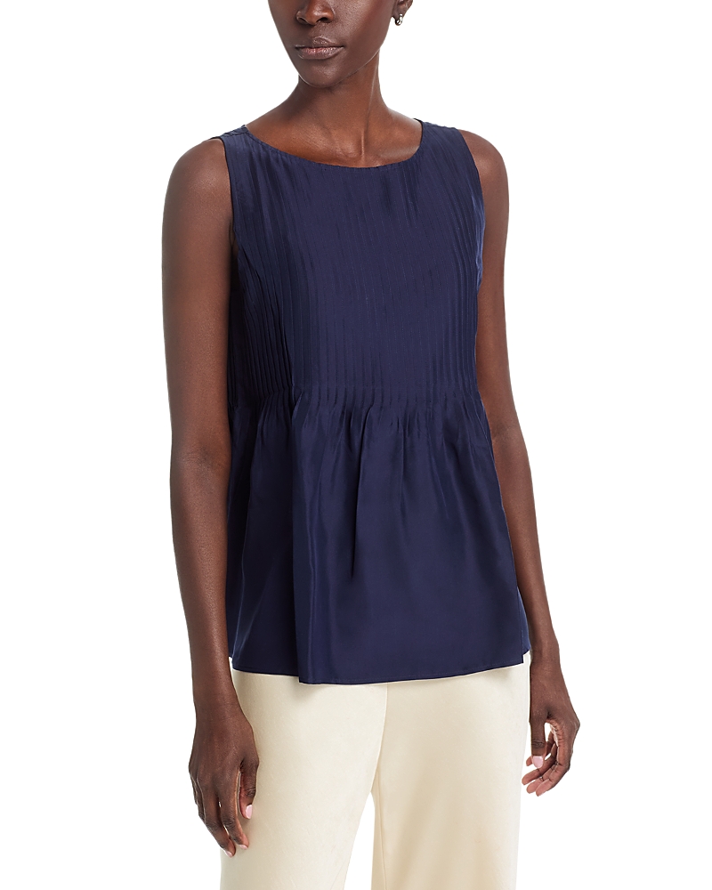 Eileen Fisher Silk Bateau Neck Pleated Shell