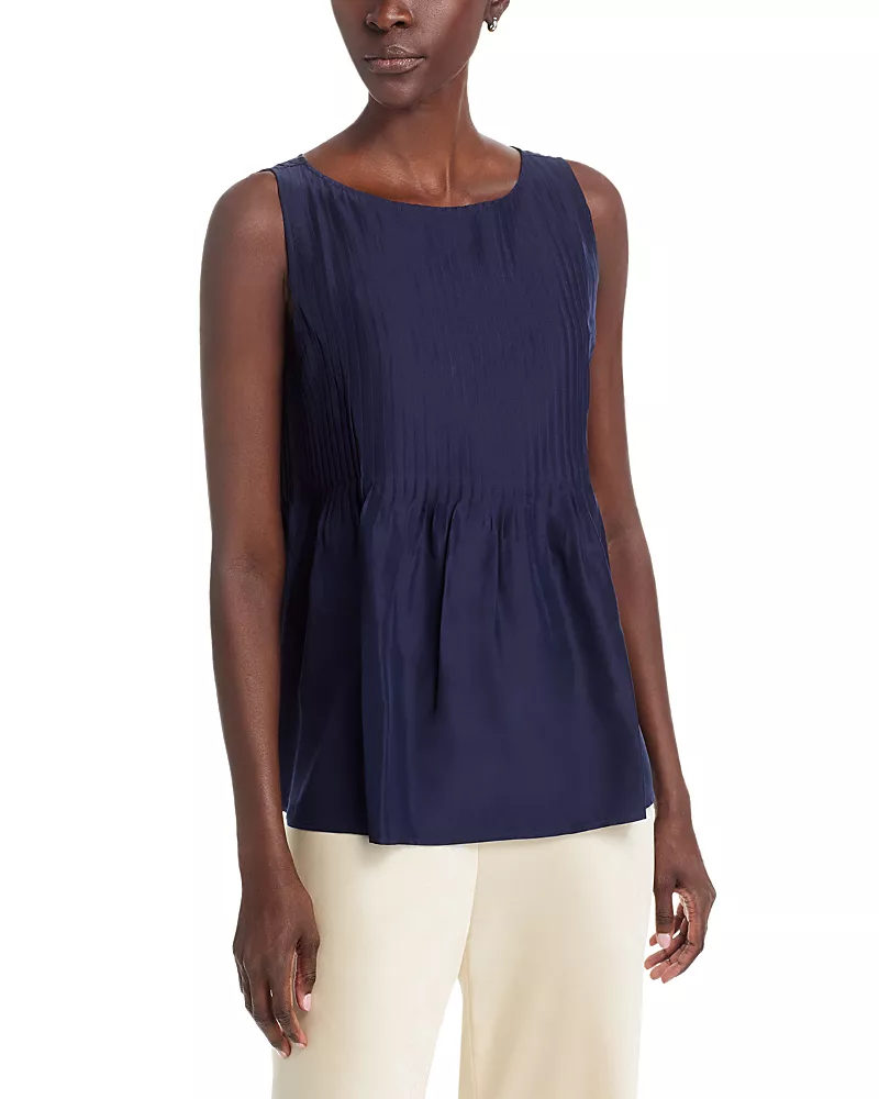Eileen Fisher Silk Bateau Neck Pleated Shell