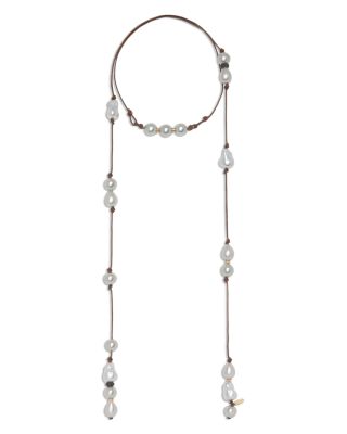 Riya Imitation Pearl Leather Cord Wrap Necklace, 52" 