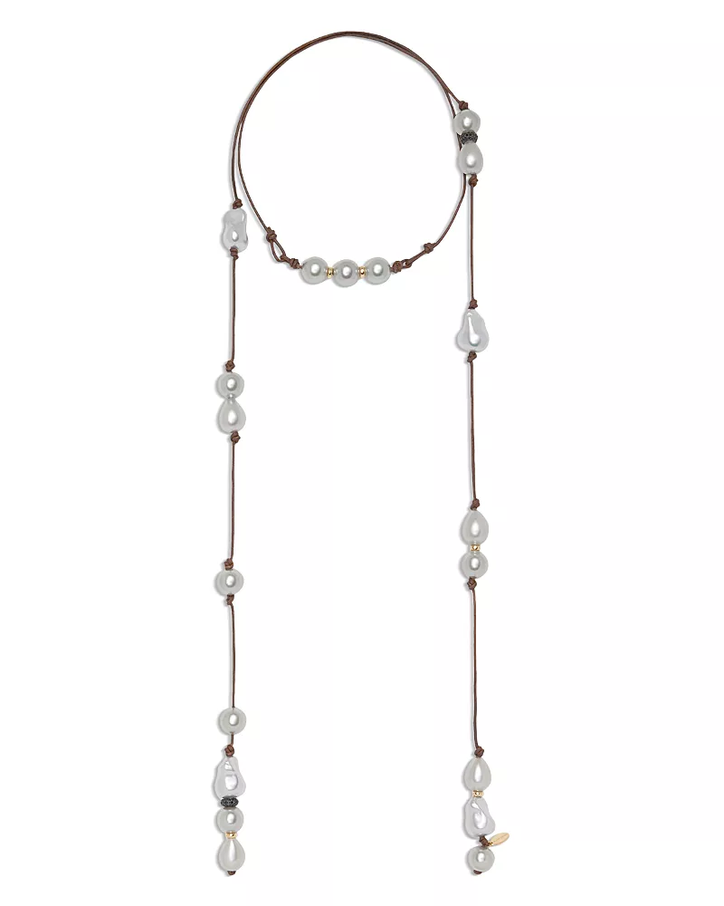 Ramy Brook Riya Imitation Pearl Leather Cord Wrap Necklace, 52