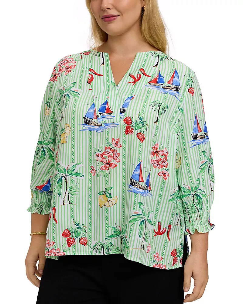 Foxcroft Plus Alicia 3/4 Sleeve Resort Stripe Shirt