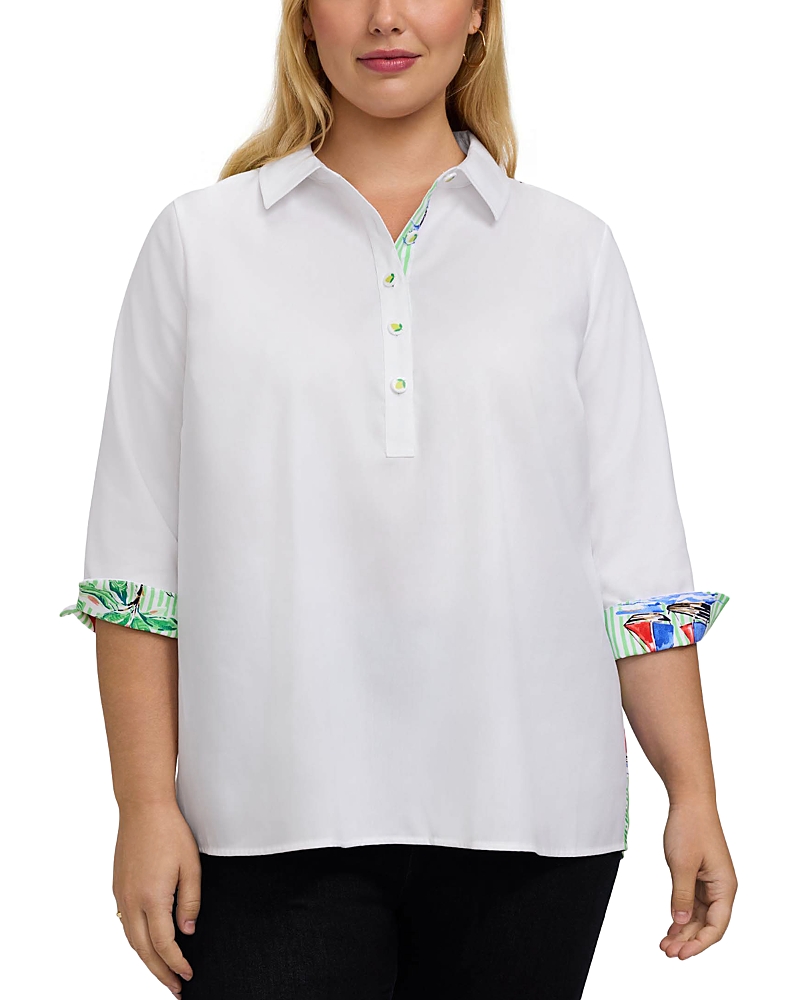 Foxcroft Plus Therese Resort Stripe 3/4 Sleeve Shirt