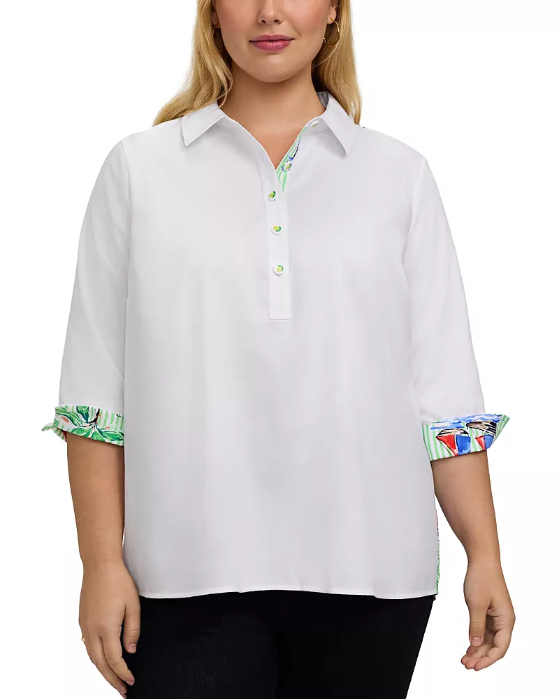 Foxcroft Plus Therese Resort Stripe 3/4 Sleeve Shirt