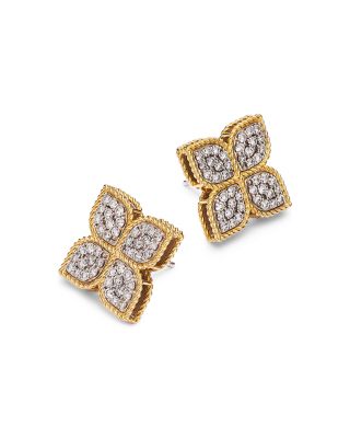18K White & Yellow Gold Princess Flower Diamond Stud Earrings