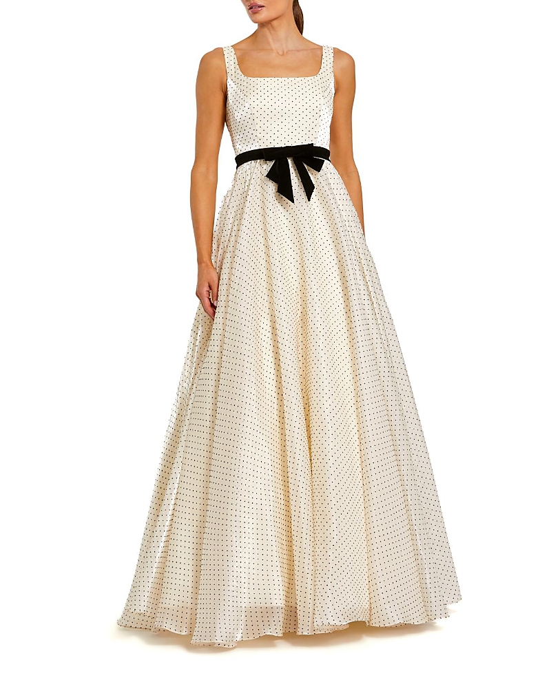 Mac Duggal Polka Dot Organza Square Neck Ballgown with Bow