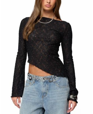 Mare Asymmetric Gem Sheer Lace Top