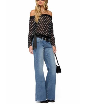 Diagonal Striped Off Shoulder Chiffon Top
