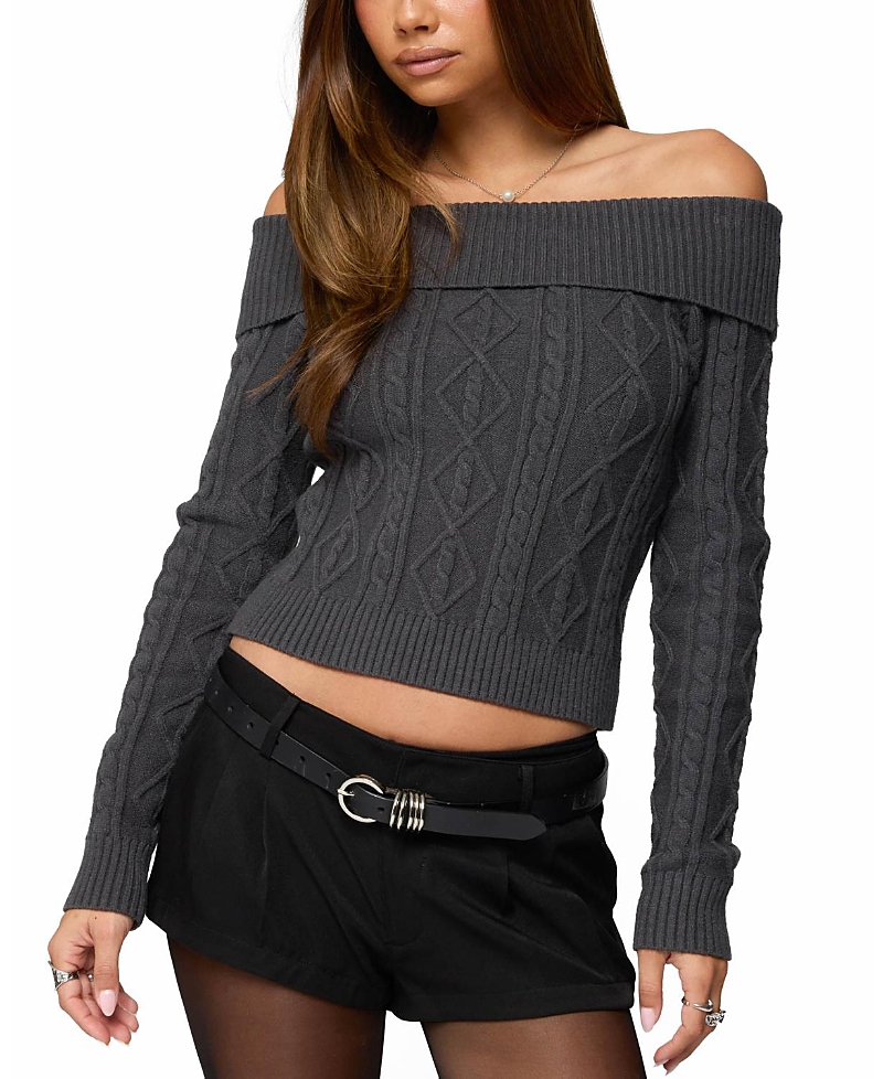 Edikted Leta Off Shoulder Cable Knit Sweater