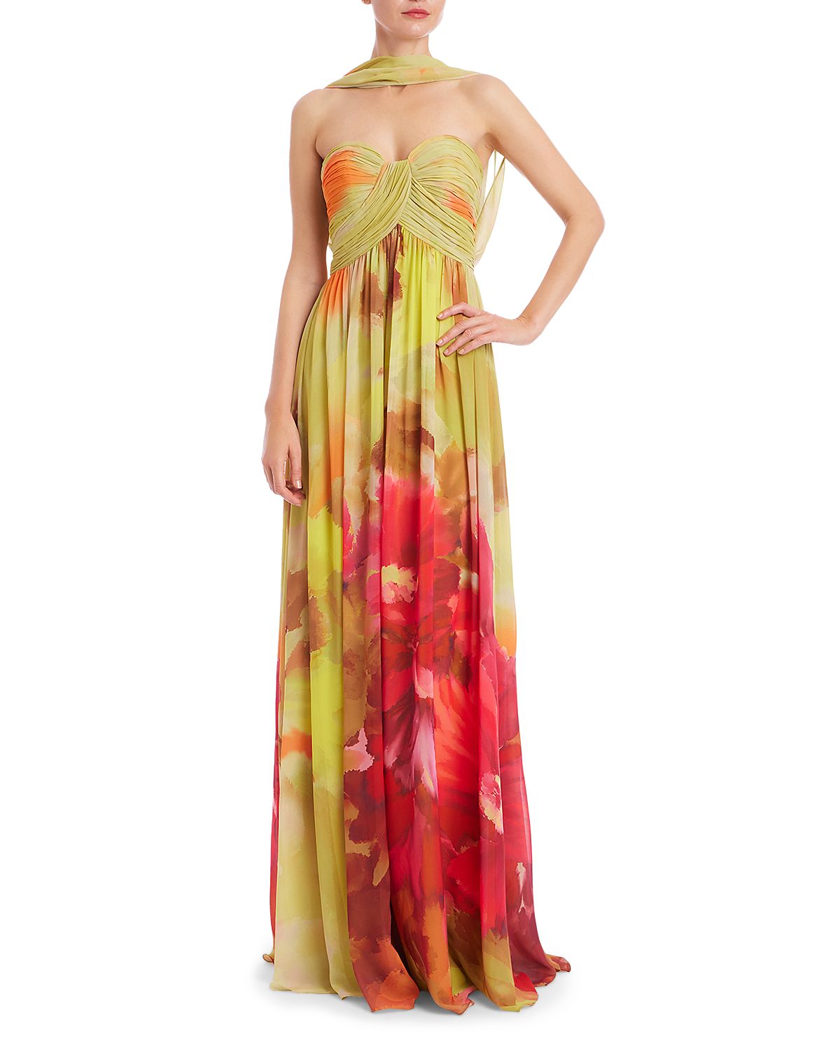 Badgley Mischka Strapless Floral Scarf Gown