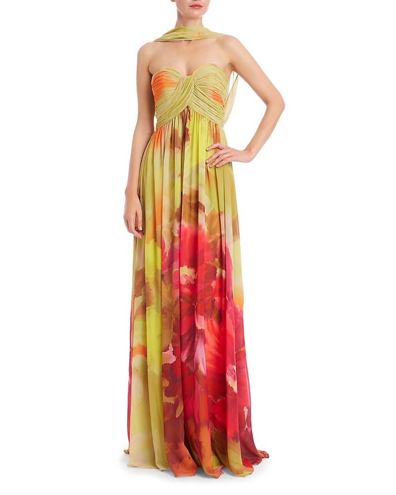 Badgley Mischka Strapless Floral Scarf Gown