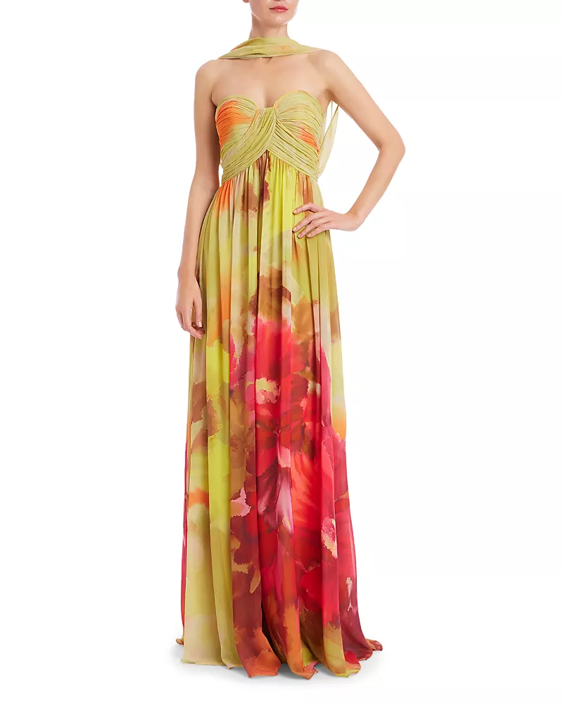 Badgley Mischka Strapless Floral Scarf Gown