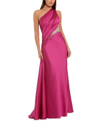  One Shoulder Charmeuse Gown with Beaded Cutout
