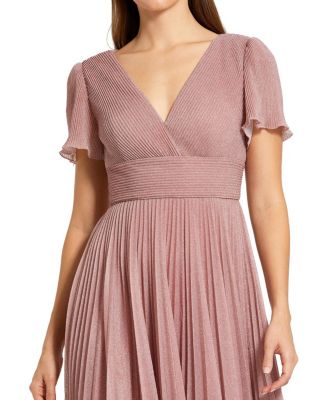  Pleated Metallic Flutter Sleeve V-Neck A-Line Gown
