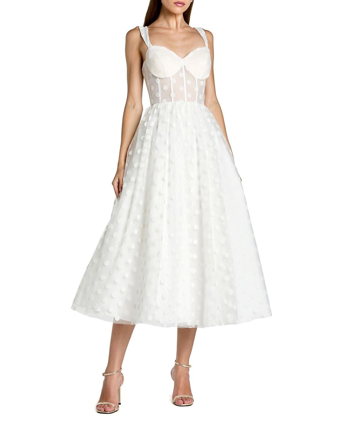 Mac Duggal Polka Dot Net Bustier A-Line Midi Dress