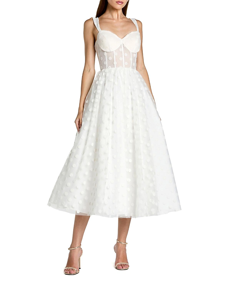 Mac Duggal Polka Dot Net Bustier A-Line Midi Dress