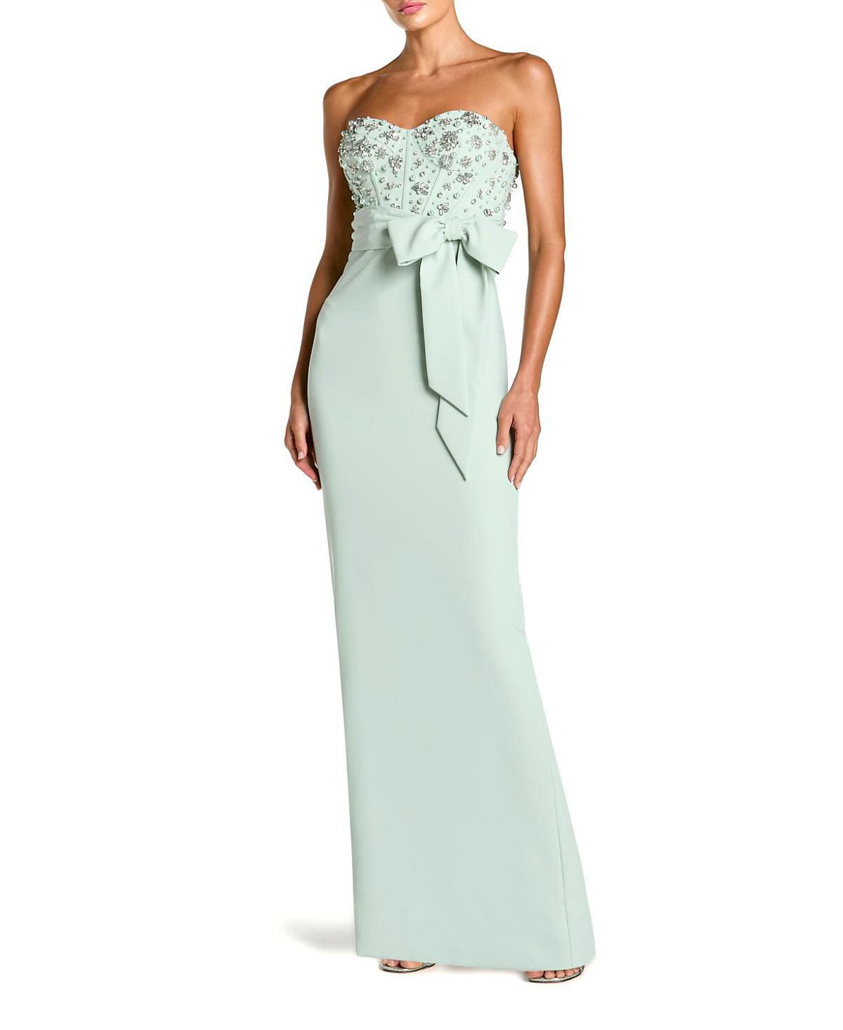 Mac Duggal Crepe Embellished Bustier Strapless Gown with Bow