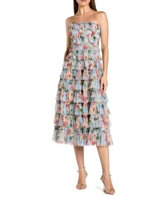  Ruffle Mesh Strapless Midi Dress