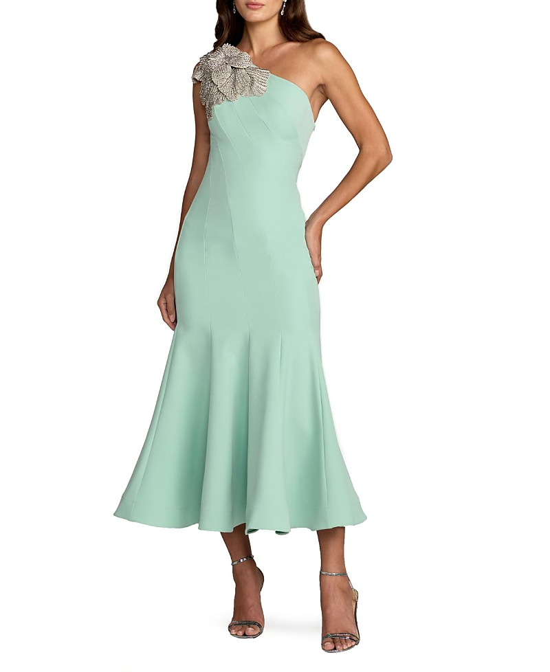 Mac Duggal Crepe One Shoulder Mermaid Midi Dress with Flower