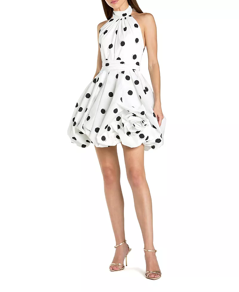 Mac Duggal Satin Halter Neck Sleeveless Bubble Hem Mini Dress