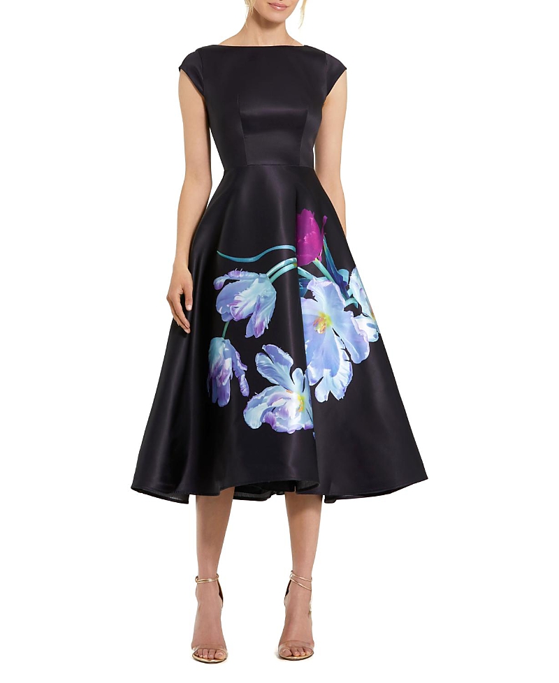 Mac Duggal Petite Satin Cap Sleeve Midi Dress with Floral Print
