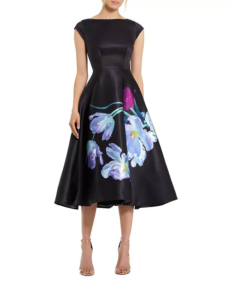 Mac Duggal Petite Satin Cap Sleeve Midi Dress with Floral Print