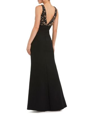  Petite Crepe Sleeveless Beaded V-Neck Gown with Bow