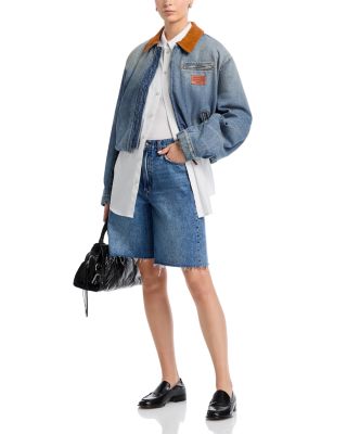 Leather Collar Denim Bomber Jacket