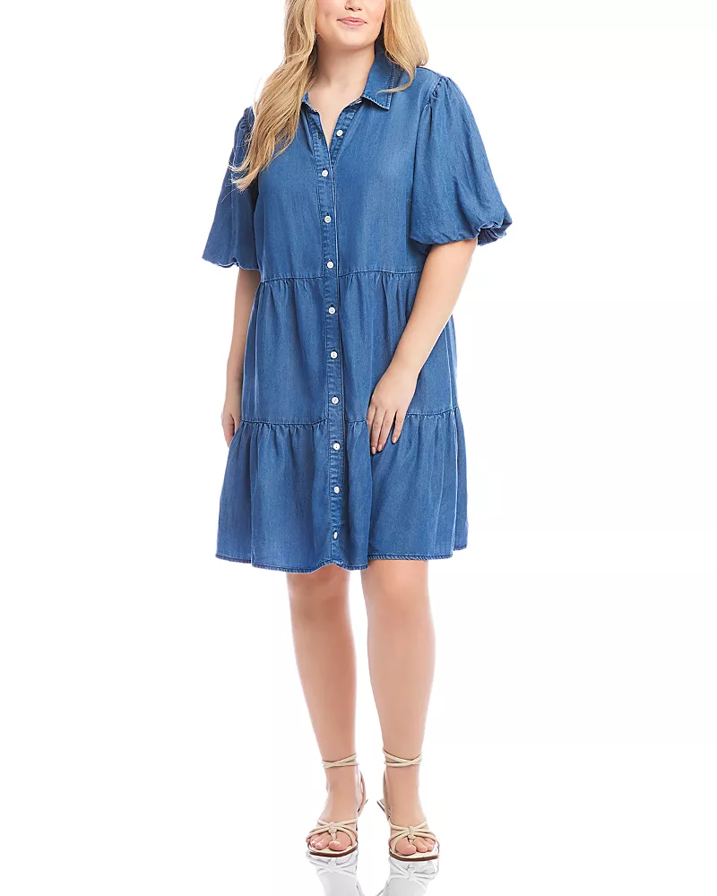 Karen Kane Plus Size Puff Sleeve Tiered Shirt Dress