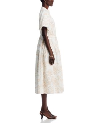 Short Puff Sleeve Button Down Printed Eyelet Midi Dress