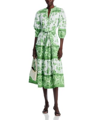 Three Quarter Sleeve Split Neck Printed Midi Dress