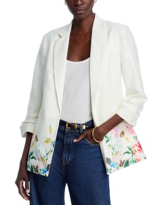 Printed Notch Collar Open Front Seamed Scrunch Sleeve Blazer